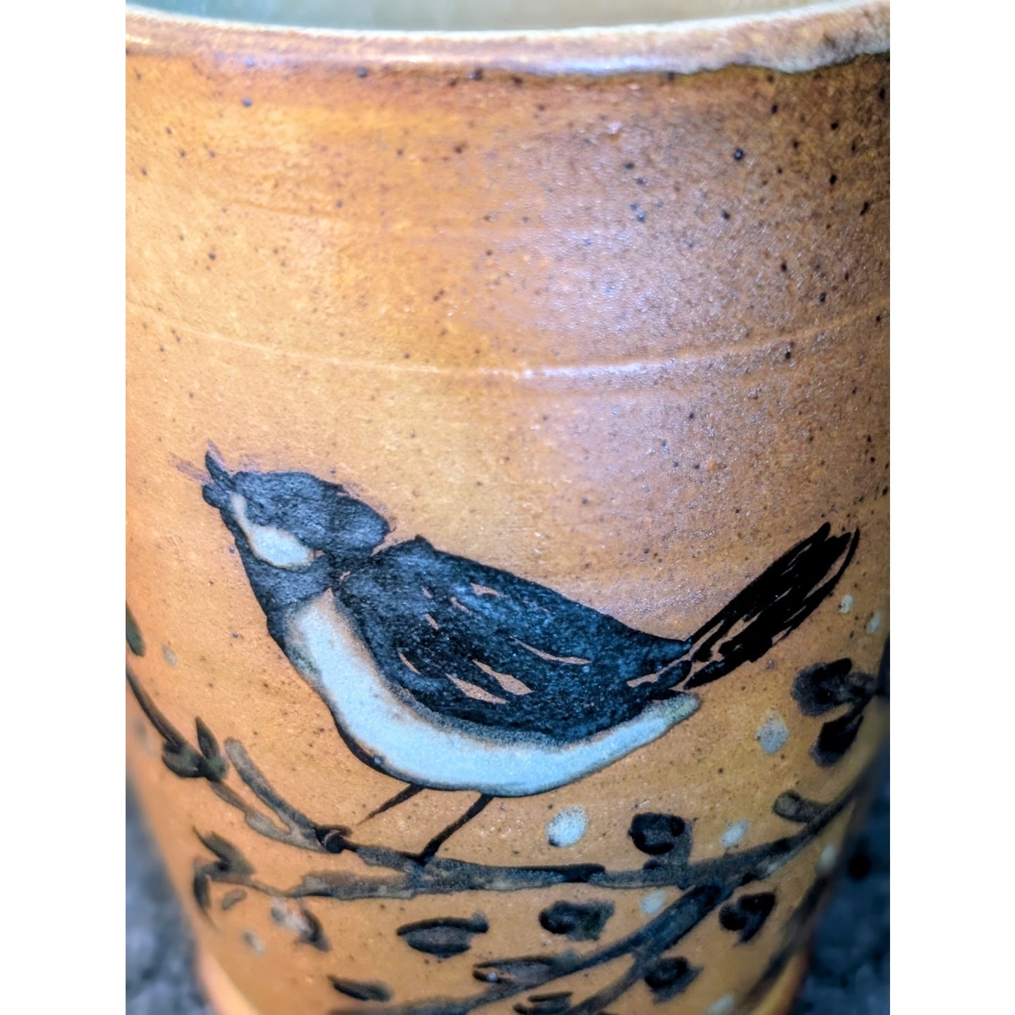 Signed Larkin Fox Pass Hand Thrown Bird on Branch Pottery Coffee Mug