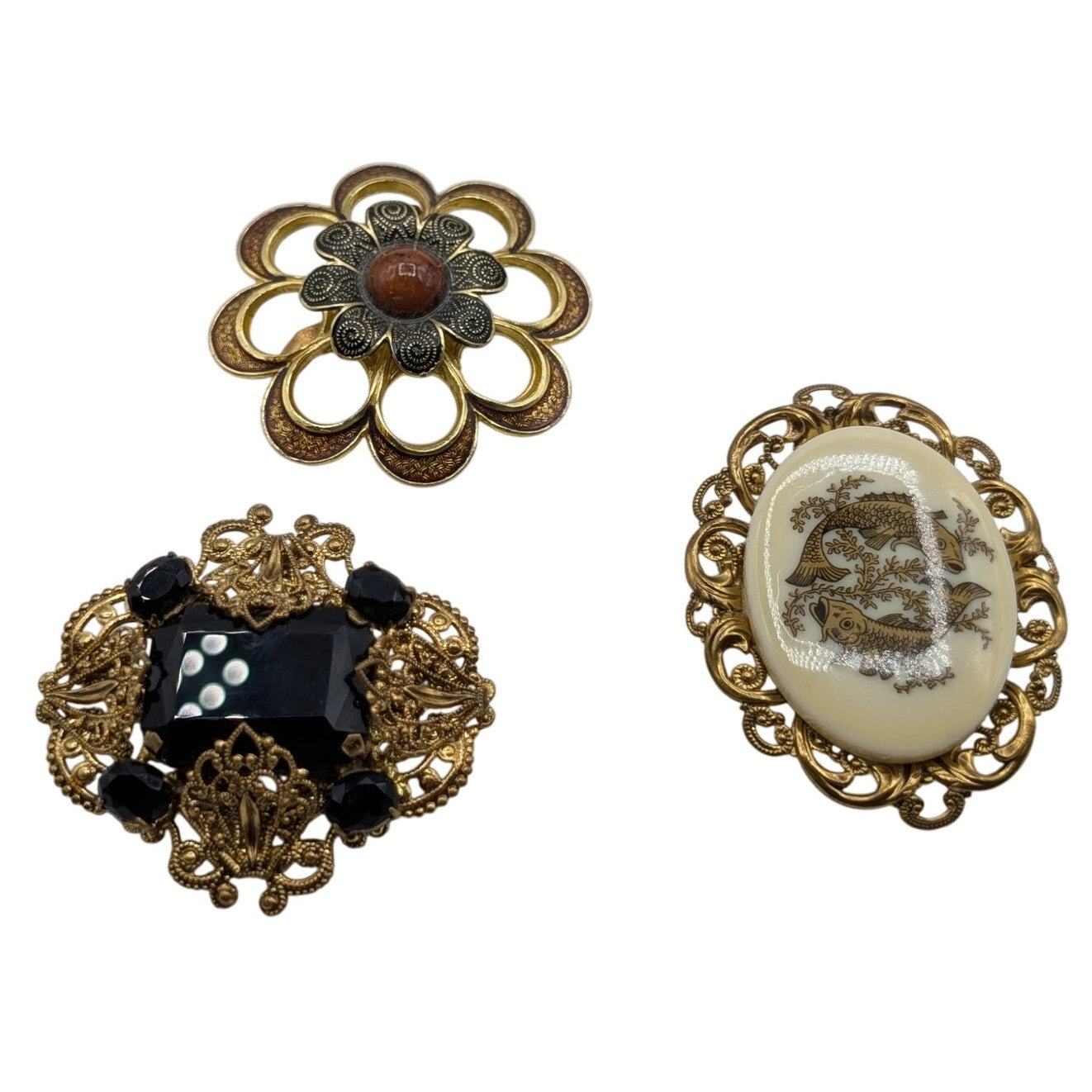 Vintage Gilded Filigree Three Piece Brooch Lot