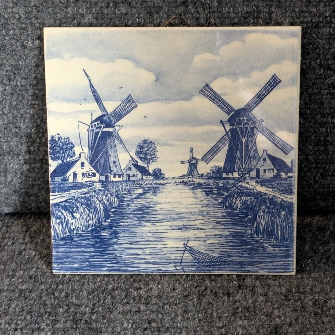 Vtg 6" Delft Blue Tile Trivet Dutch Windmills and Canal Stamped Roman Numeral II