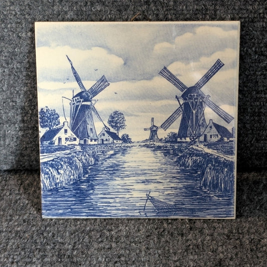 Vtg 6" Delft Blue Tile Trivet Dutch Windmills and Canal Stamped Roman Numeral II