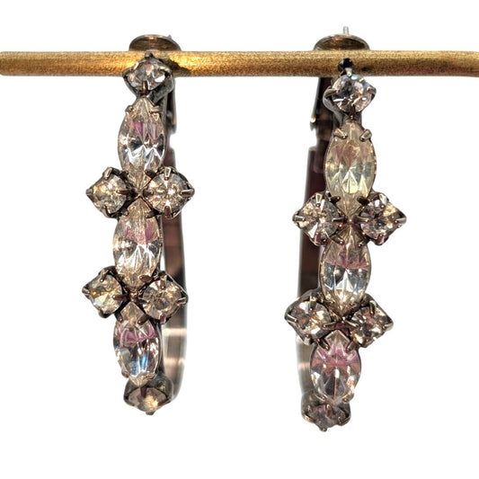Silver Tone Front Long Prong Set Rhinestone Oblong Hoop Earrings