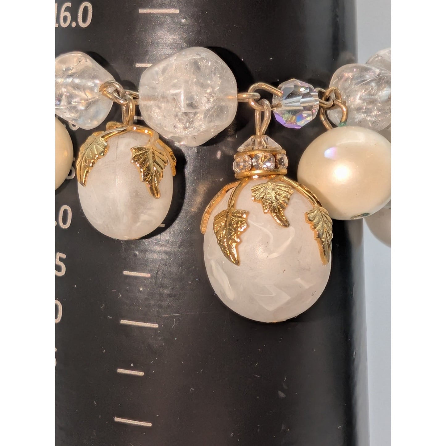 Vintage Deauville 1950s-1960s Faux Pearl Lucite Golden Leaf Bauble Bracelet