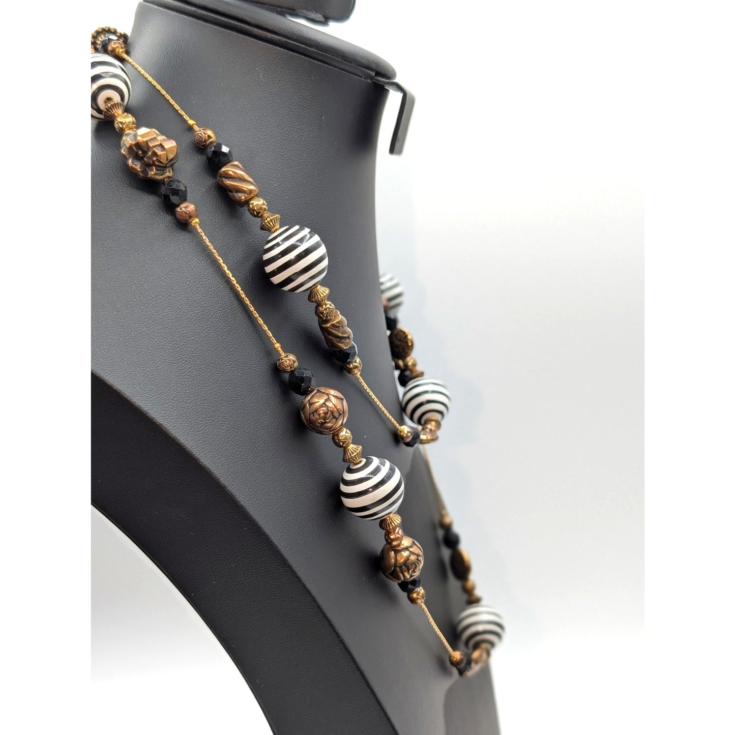 Dabby Reid Black White Striped Gold Tone Beaded Chain 46" Necklace