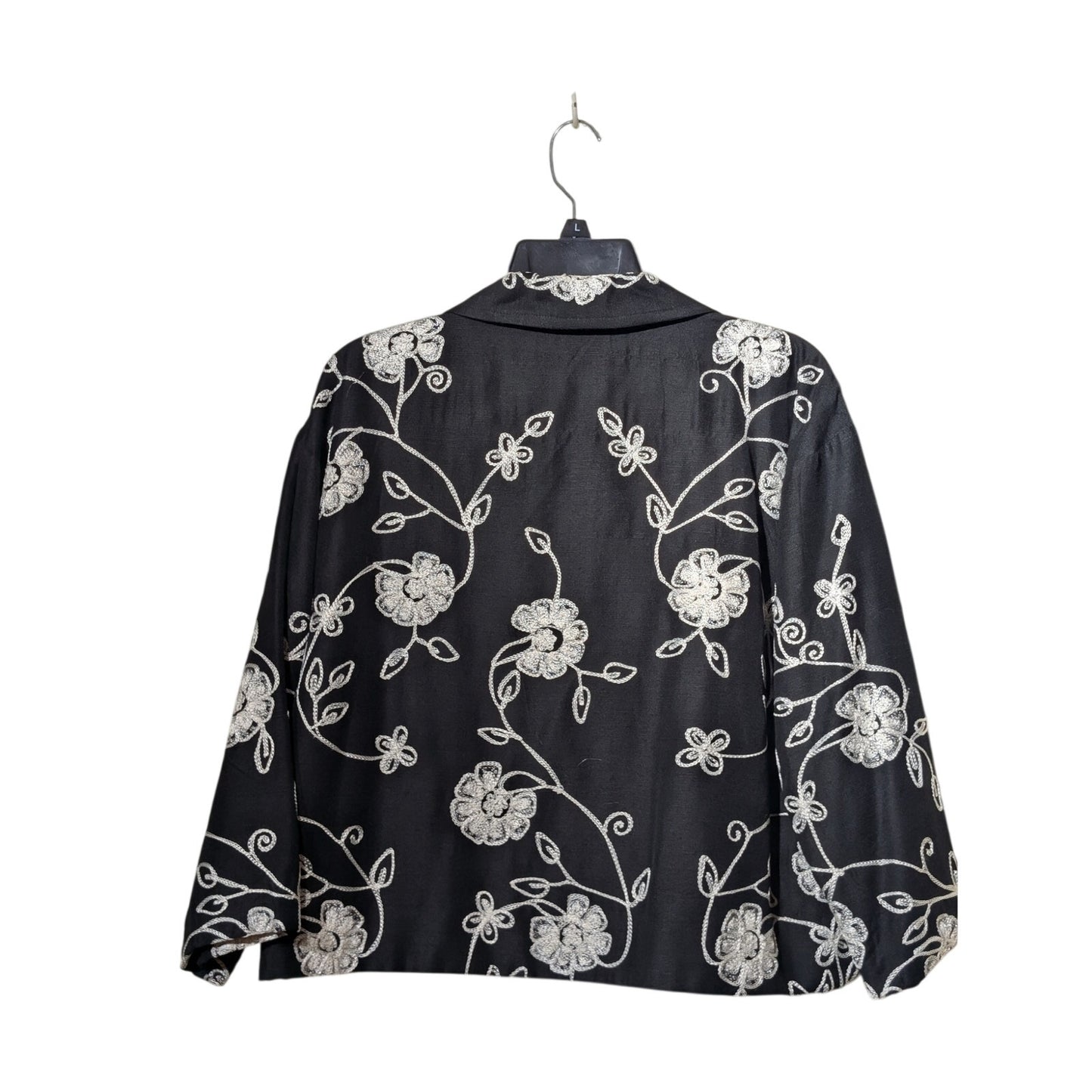 Life Style Black White Floral Embroidered Button Front Silk Blend Jacket Sz XL