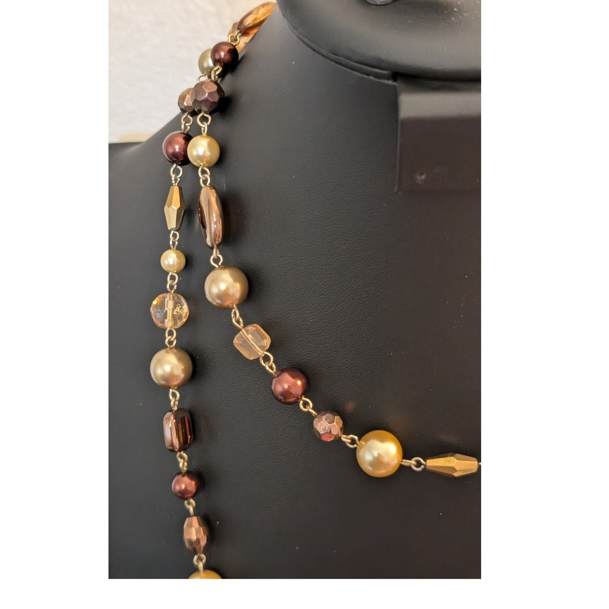 VTG Amber Champagne Cognac Bronze Peach Color Glass Crystal Faux Pearl Necklace