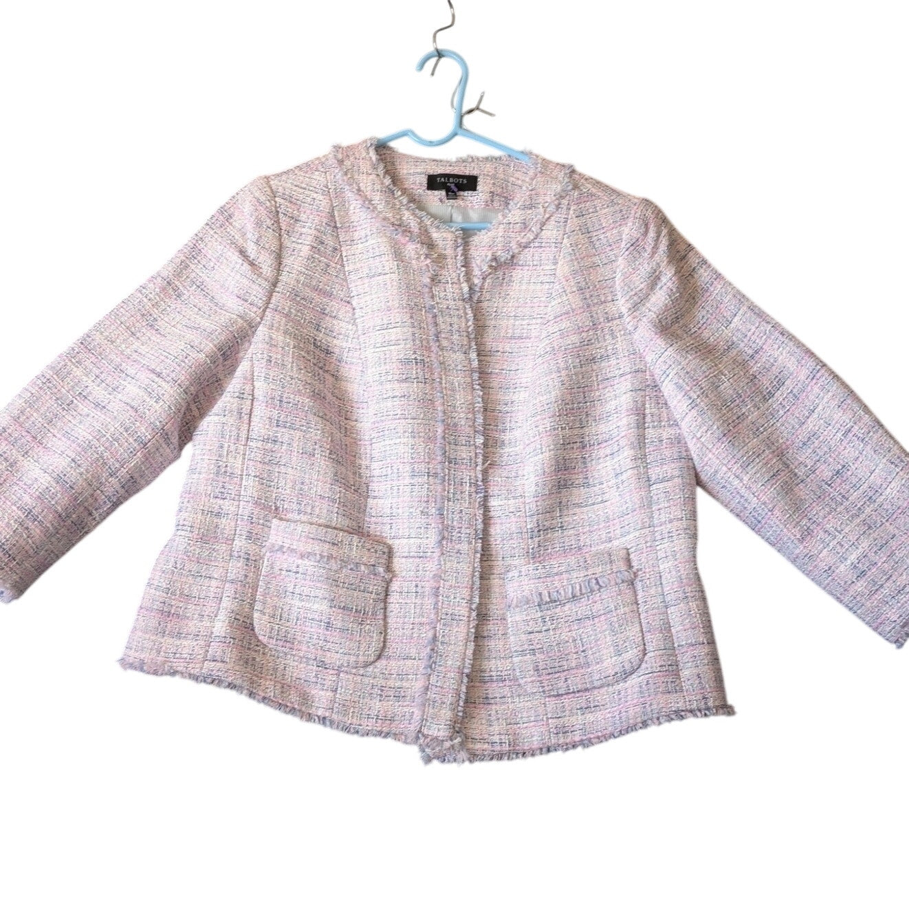 Talbots Blue Pink White Fringe Tweed Boxy 3/4 Sleeve Blazer Jacket Womens 16W
