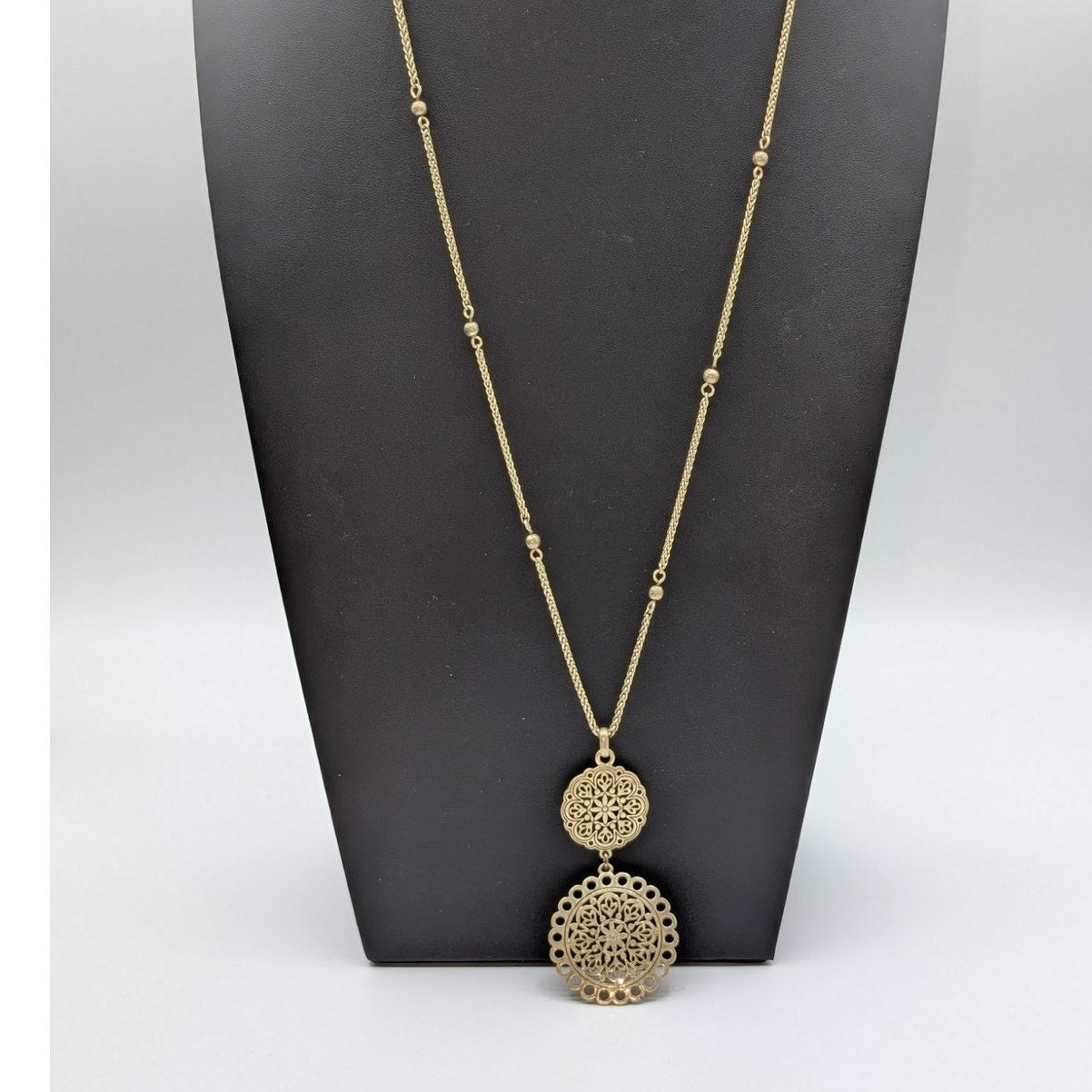Lucky Brand Muted Gold Double Filigree Medallion Pendant Beaded Chain Necklace