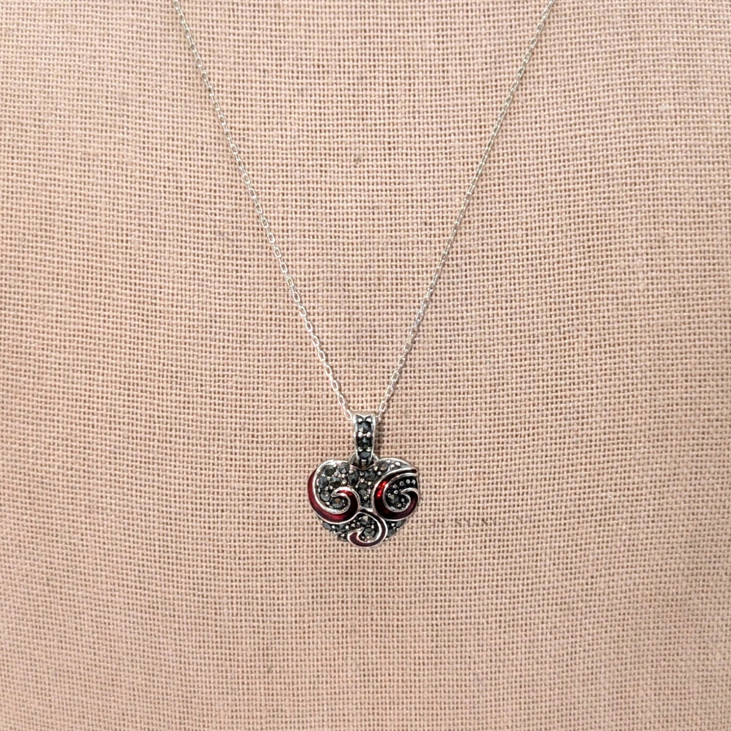 925 Sterling Silver Red Enamel Swirl Marcasite Heart Pendant Necklace