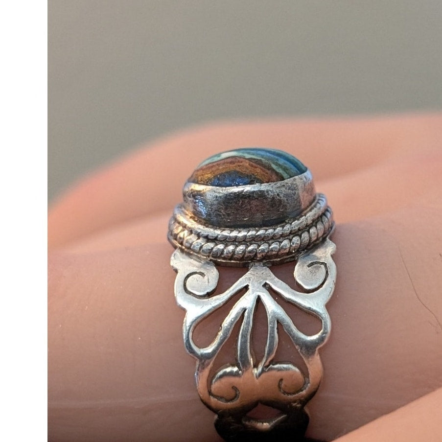 925 Sterling Silver Filigree Rainbow Calsilica Stone Ring Size 6.25
