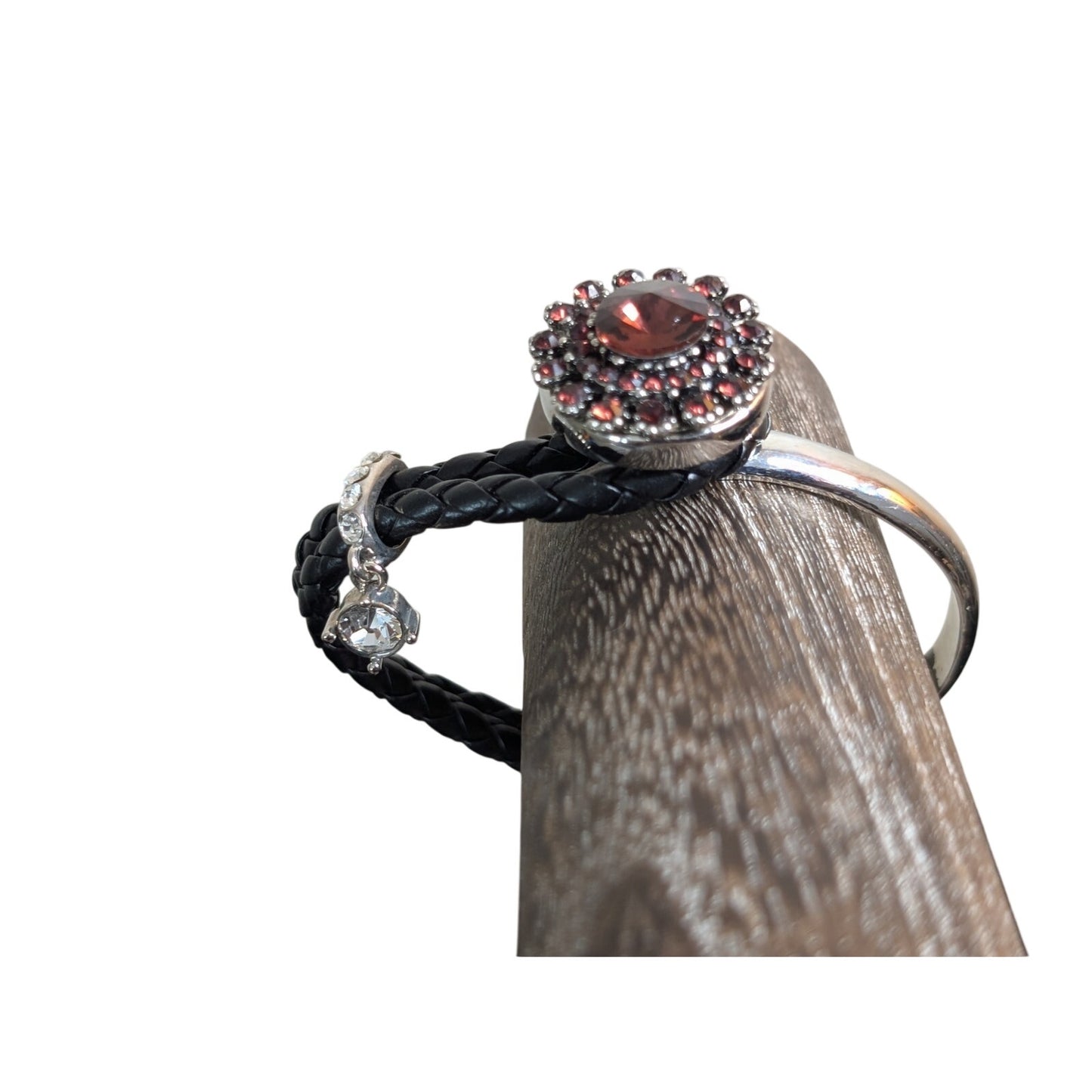 Ginger Snaps Leather Silver Tone Button Clasp Rhinestone Dangle Bangle Bracelet