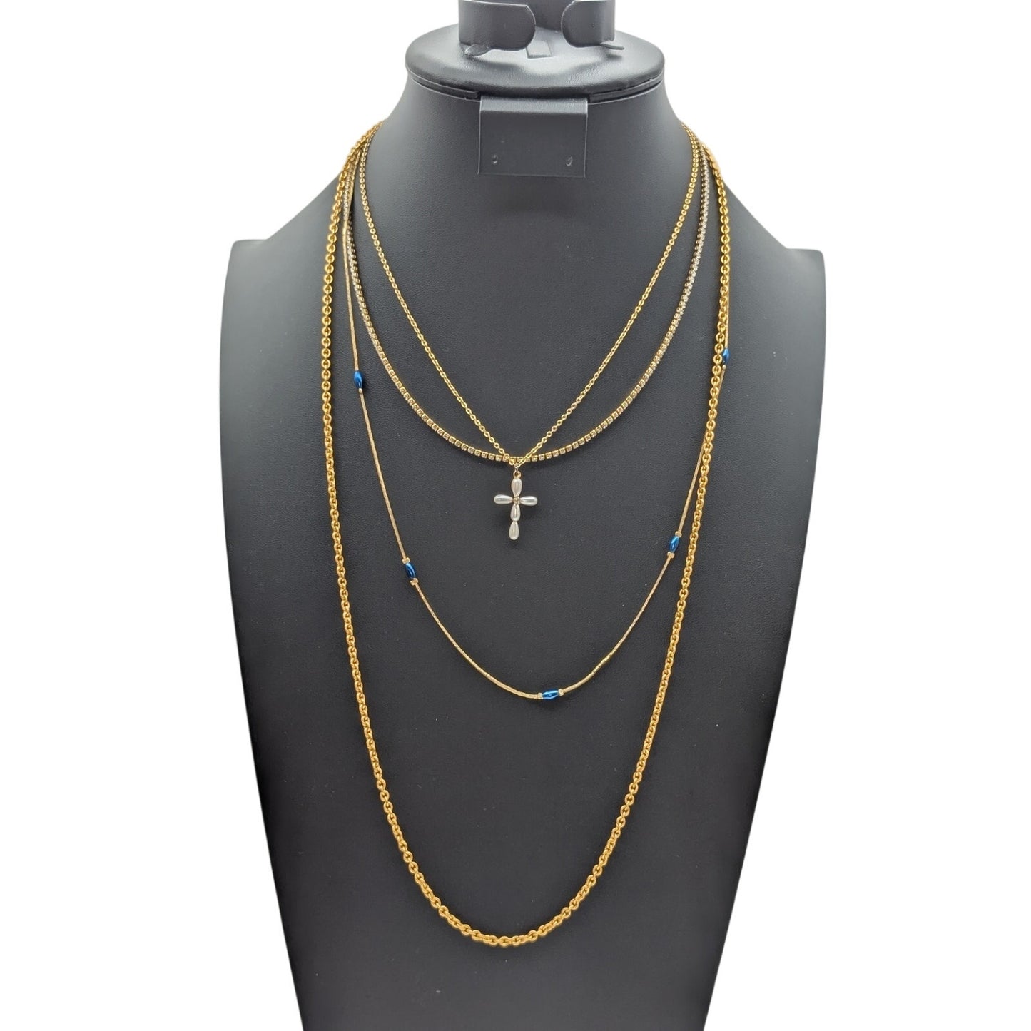 Lot of Four Gold Tone Chain Pendant Station Faux Pearl Rhinestone Necklaces