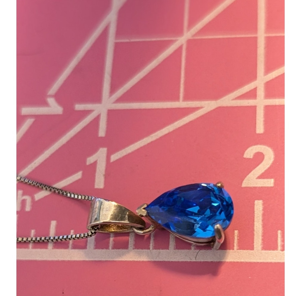 Blue Crystal Teardrop 925 Sterling Silver Pendant & 18" Box Chain Necklace