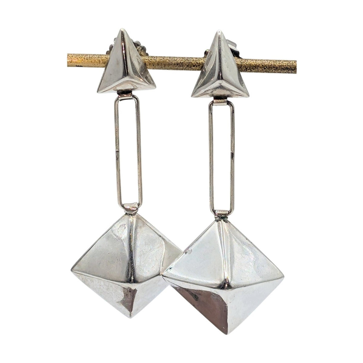 Vtg 925 Sterling Silver Geometric-Brutalist Style 3D Dangle Statement Earrings