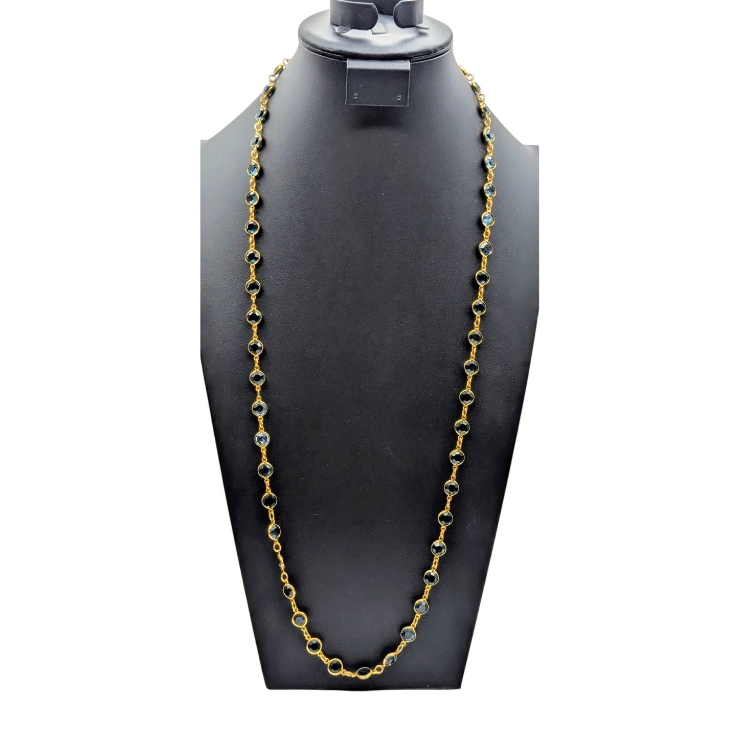 Vintage Austrian Crystal USA Gold Tone Bezel Set Blue Crystal Chain 36" Necklace