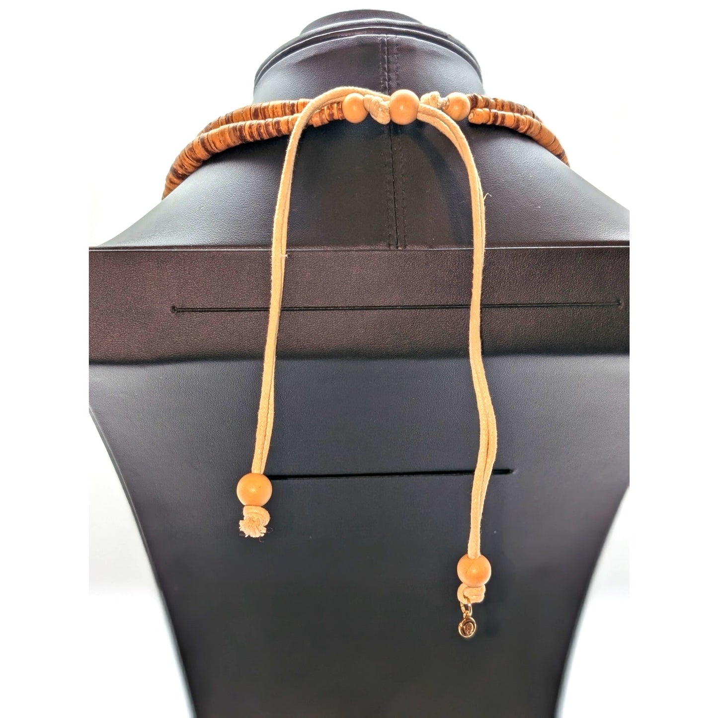 Tribal Hand Made Wood Two Strand Chevron Design Disk Bead Pull String Necklace