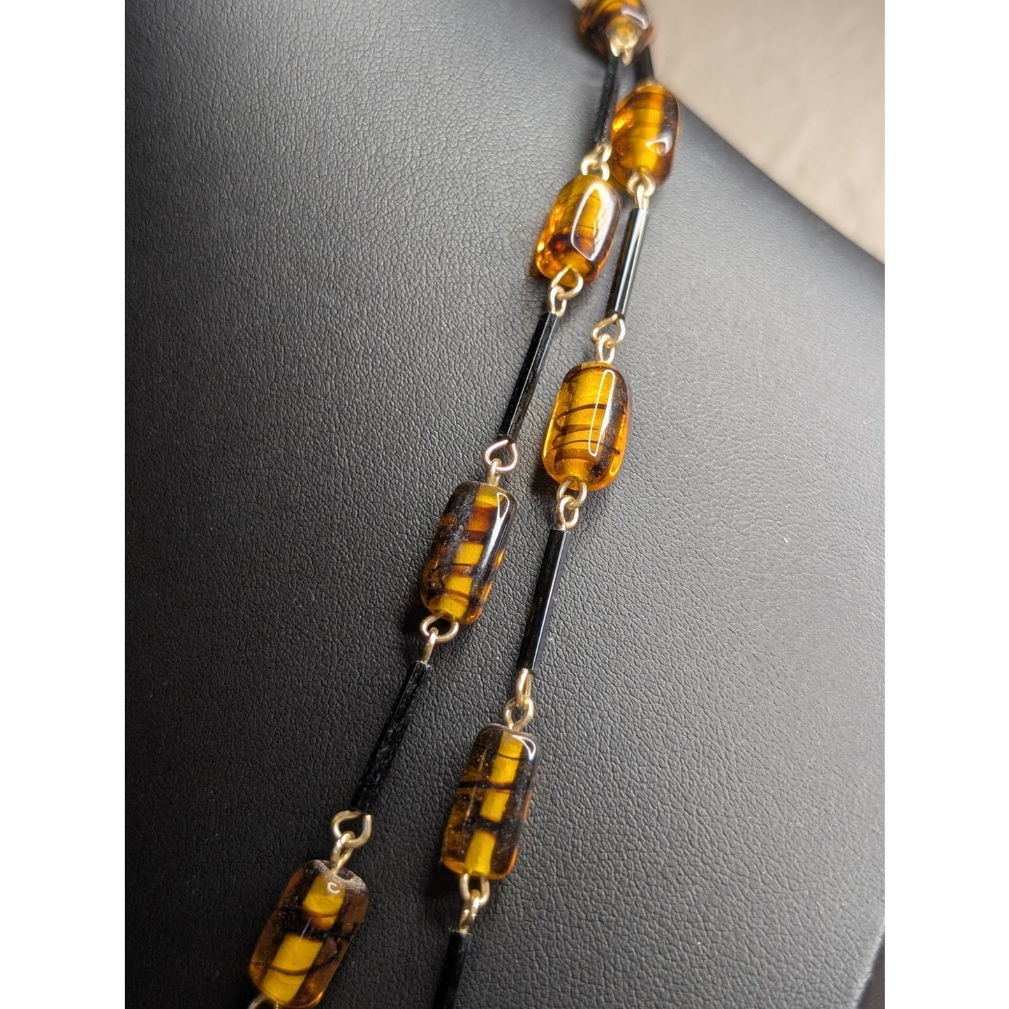 Vintage Amber Glass Black Bar Beaded 54" Long Necklace