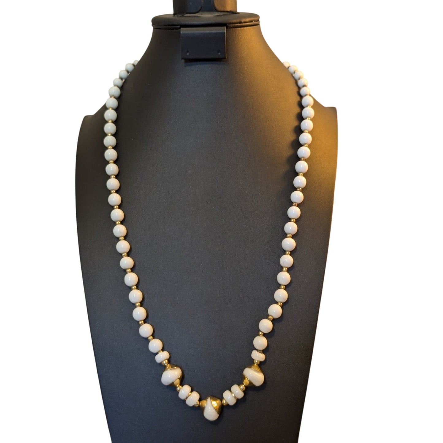 Vintage Milk Glass & Other Stone Graduated Bead Gold Tone 30" Necklace