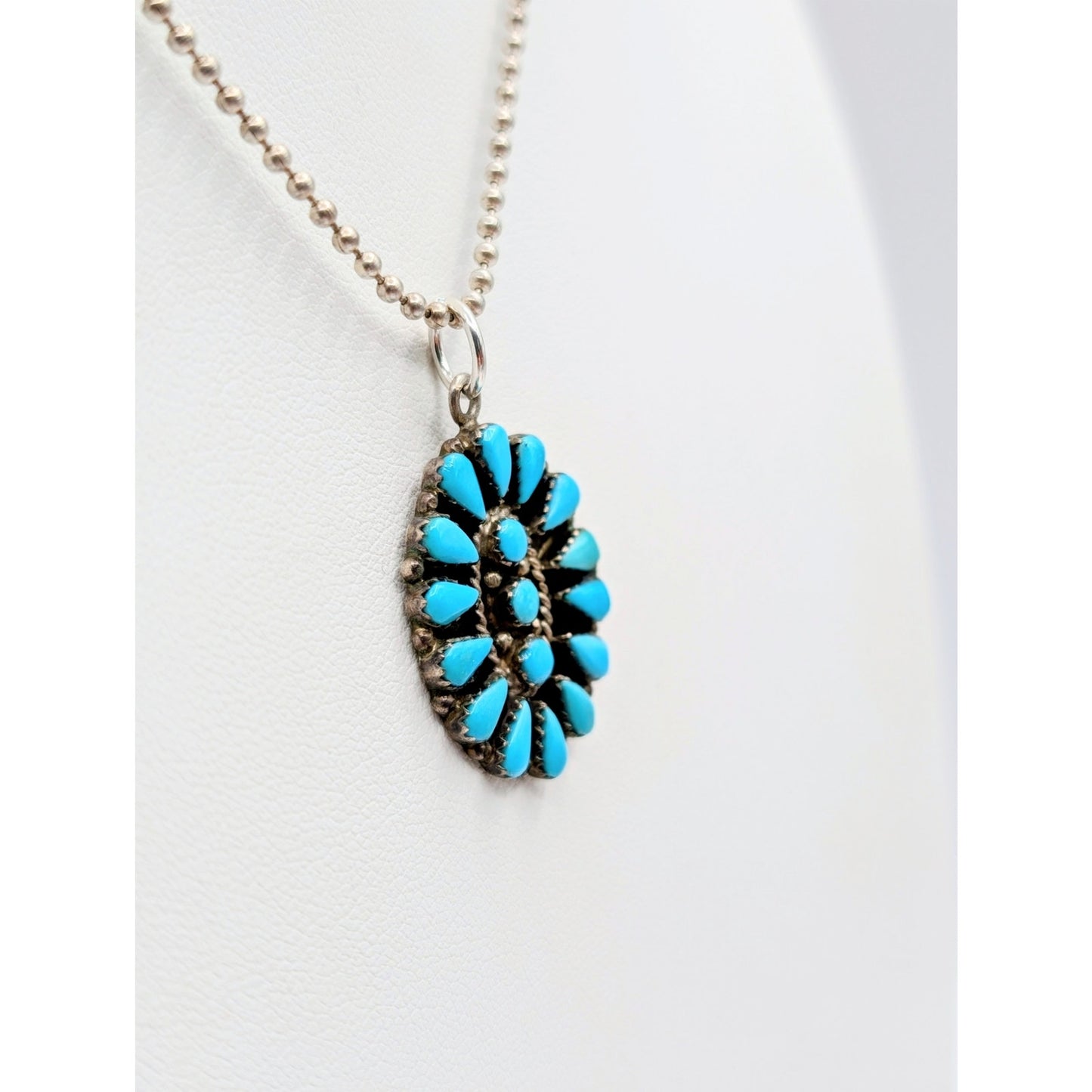 Vtg Zuni Turquoise Needlepoint Petit Point Sterling Pendant Ball Chain Necklace