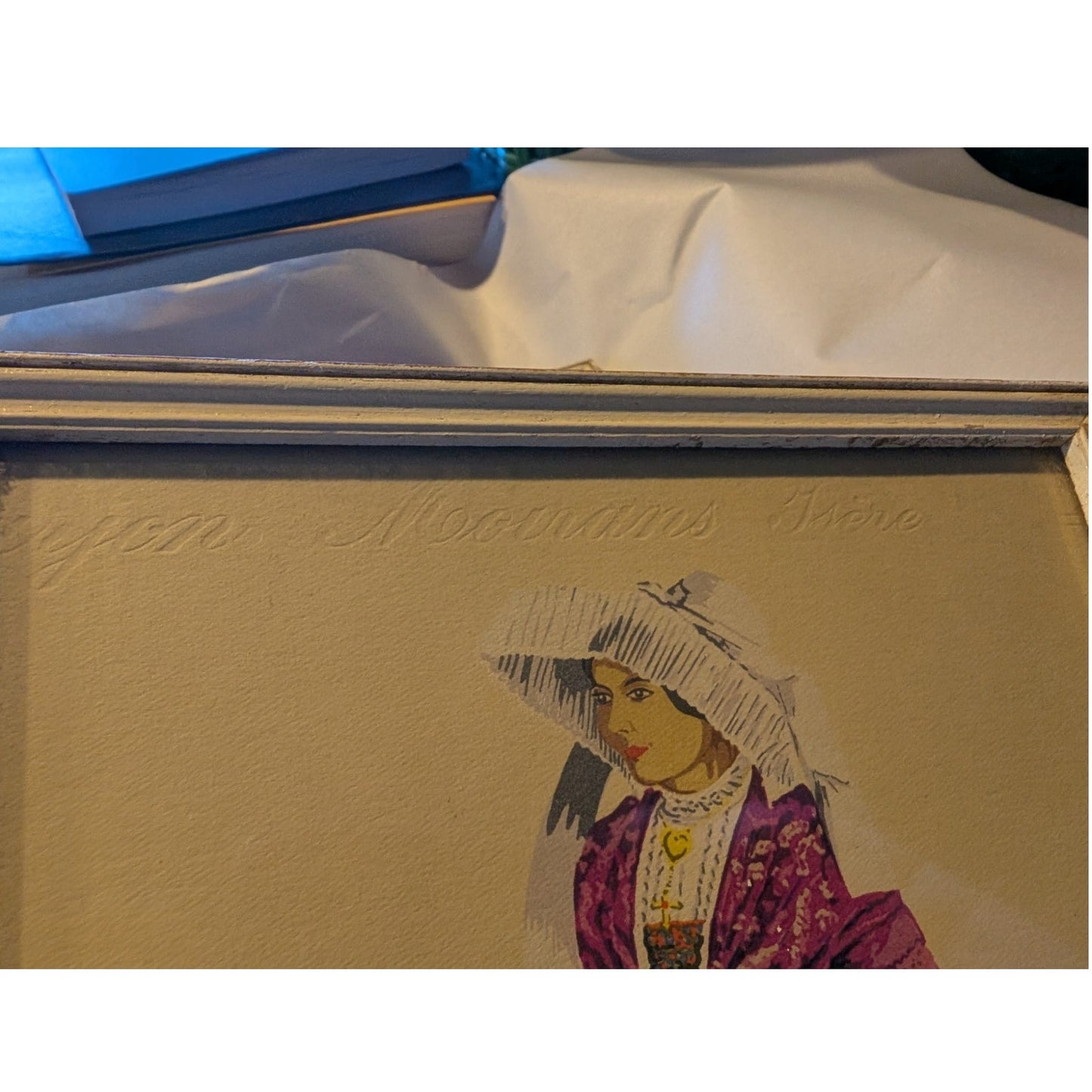 Four 10" x 6.5" Cream Wood Frame Antique/Vtg Signed Fashion Prints Under Glass