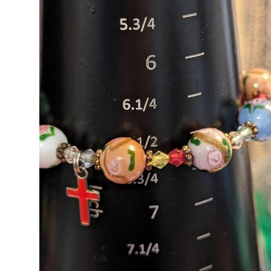 Floral Glass Bead Stretch Bracelet W/ Cross Charm Dangle