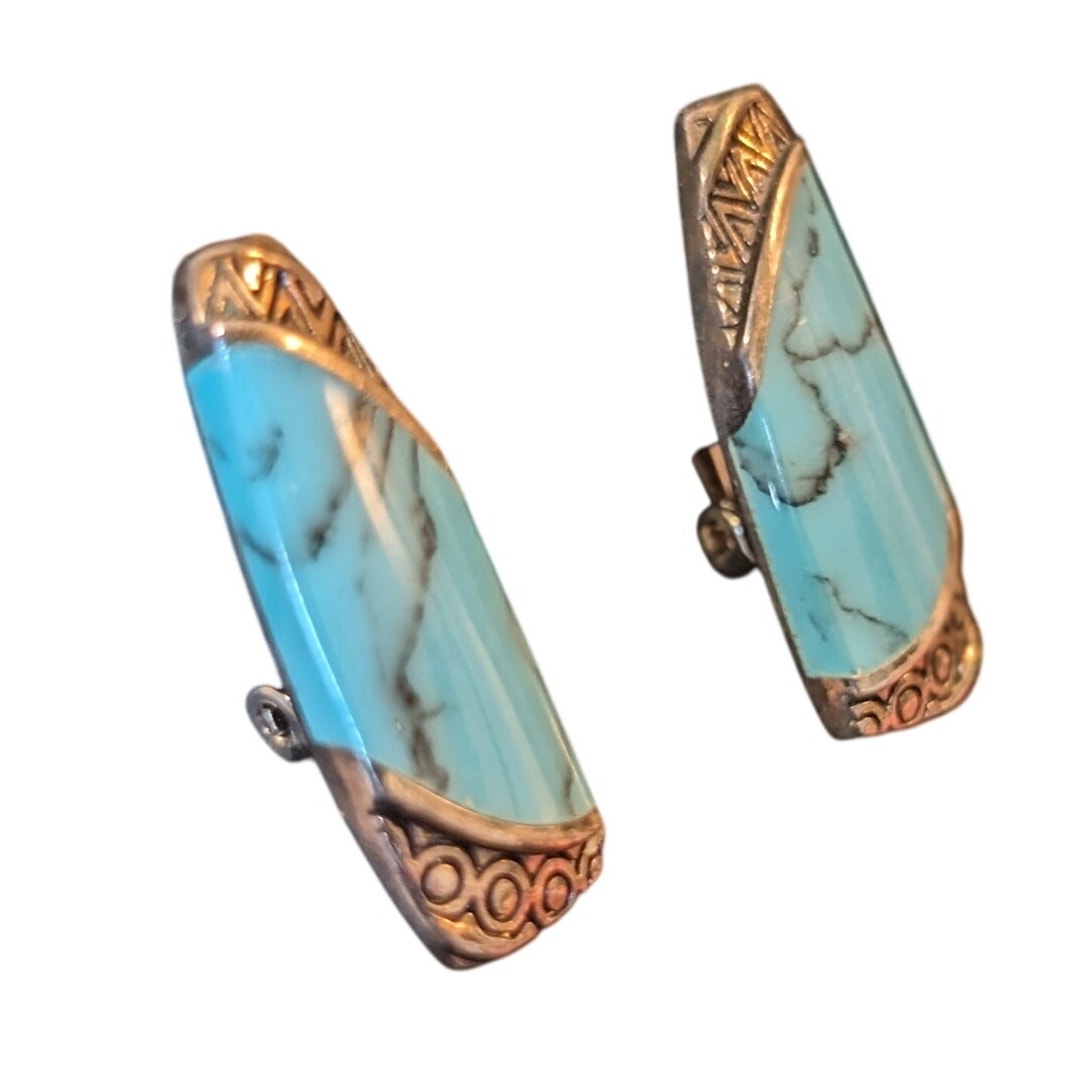Vintage 925 Silver Turquoise Elongated Clip Earrings Marked 'b'