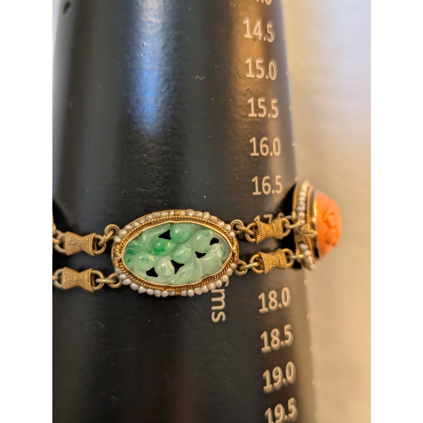 Antique Carved Green Jade Coral & Seed Pearl 14k Yellow Gold Bracelet