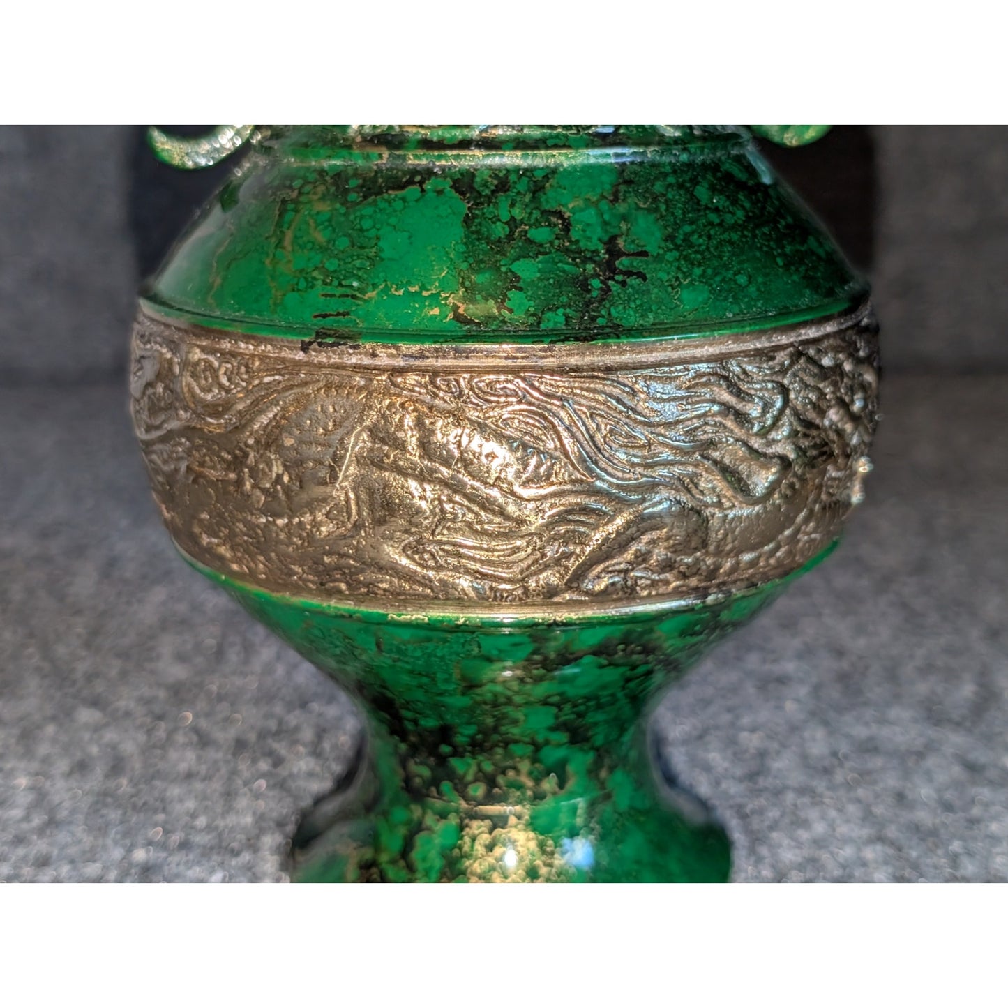 Vtg Japanese Embossed Shishi Brass Green Cast Metal Flower Vase