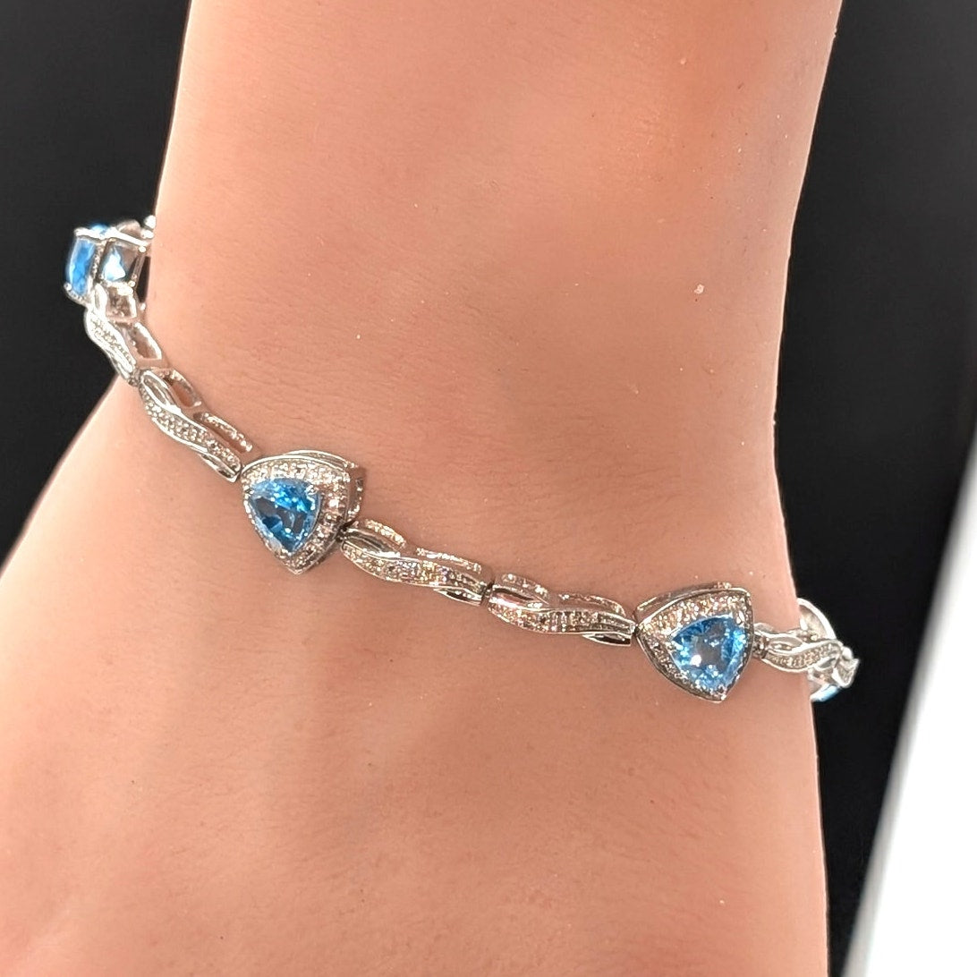 Trillion Cut Blue Topaz & Diamond Marked 925 Sterling Silver Bracelet