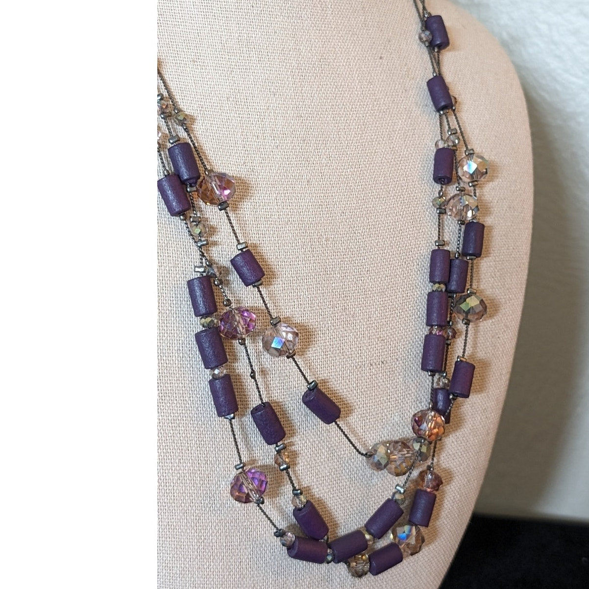 Charming Charlie Purple Wood Smoky Lavender Crystal Gun Metal 3 Strand Necklace