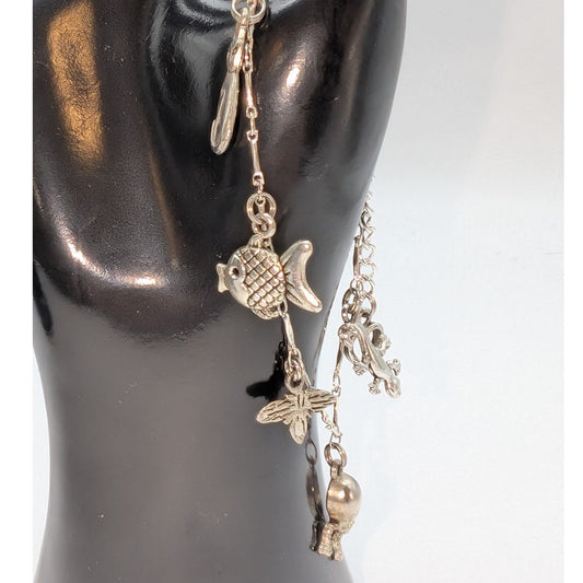 Silver Tone Charm Bracelet Fish Bee Octopus Salamander Cat Charms & Heart Dangle