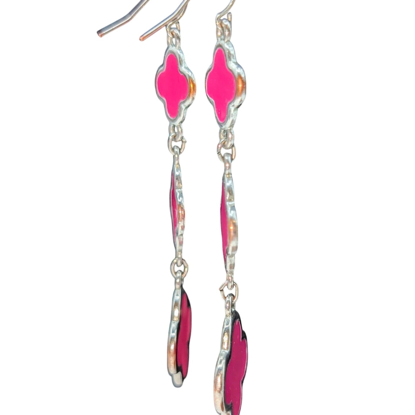Hot Pink Enamel Three Quatrefoil Silver Tone Dangle Pierced Earrings