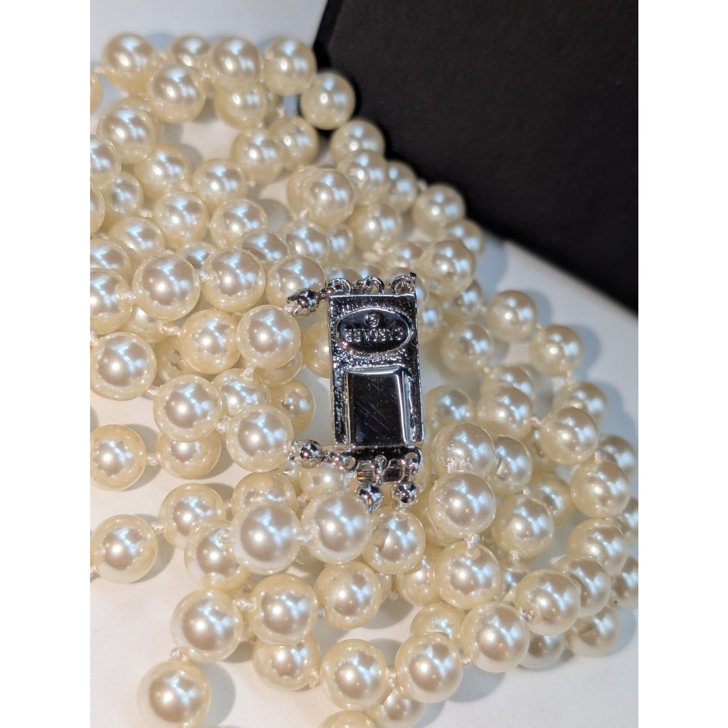 Carolee Three Strand Glass Faux Pearl Fancy Clasp Slide In 17" Necklace