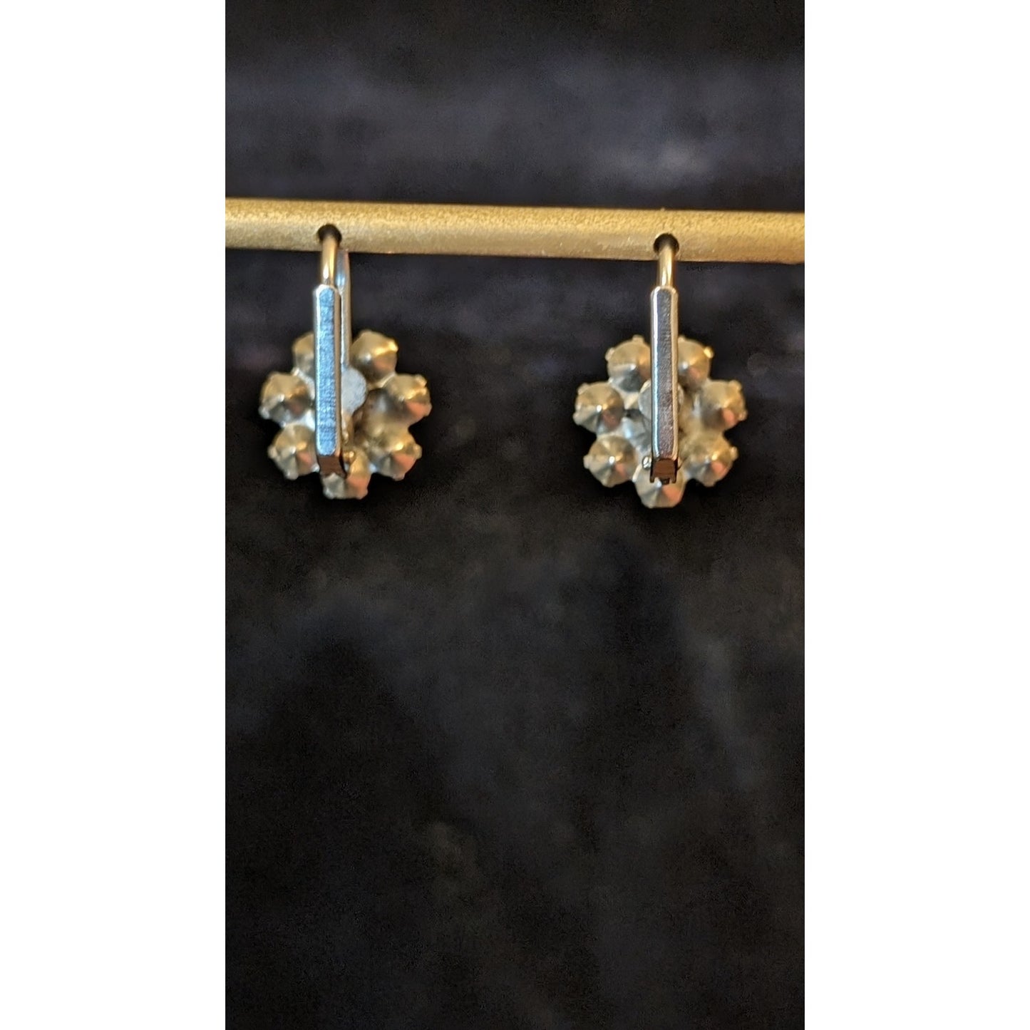 Silver Tone Black Crystal Flower Lever Back 1/4" Earrings