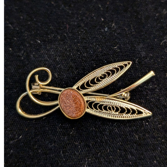 Vintage Gold Tone Goldstone Cabochon Filigree Curved Leaves Swirl Brooch
