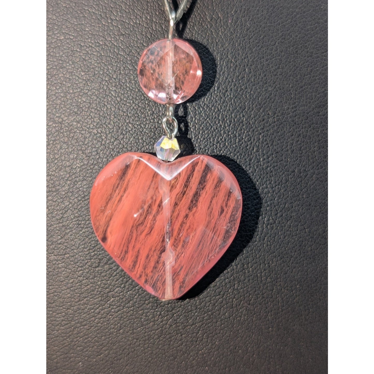 Antique Silver Tone Pink Glass Heart Garnet Bead Y-Drop 16"-17.5" Necklace