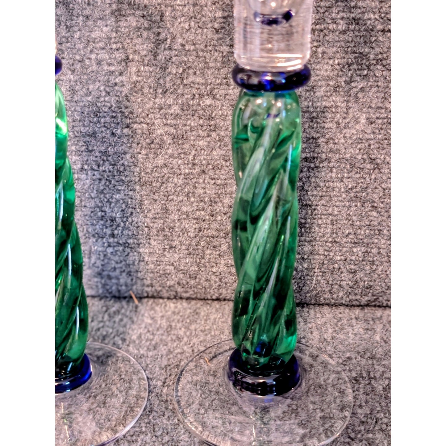 Pair of Green & Blue Twisted Glass Tulip Top Candle Holders