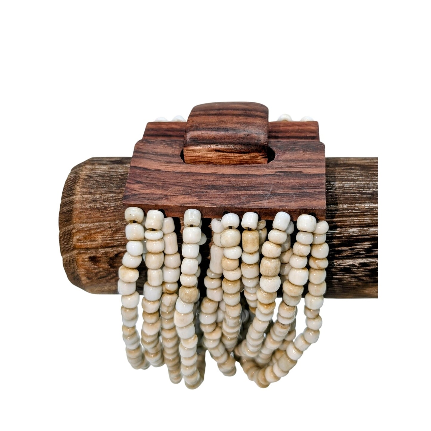 Vintage Gerda Lynggaard Monies Multi-Strand Seed Bead Wood Hook Clasp Bracelet