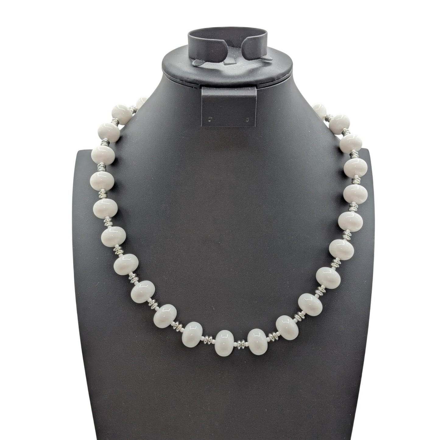 Vintage White Oval Silver & White Spacer Acrylic Bead 24.5" Necklace