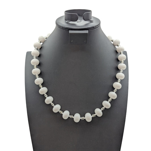Vintage White Oval Silver & White Spacer Acrylic Bead 24.5" Necklace