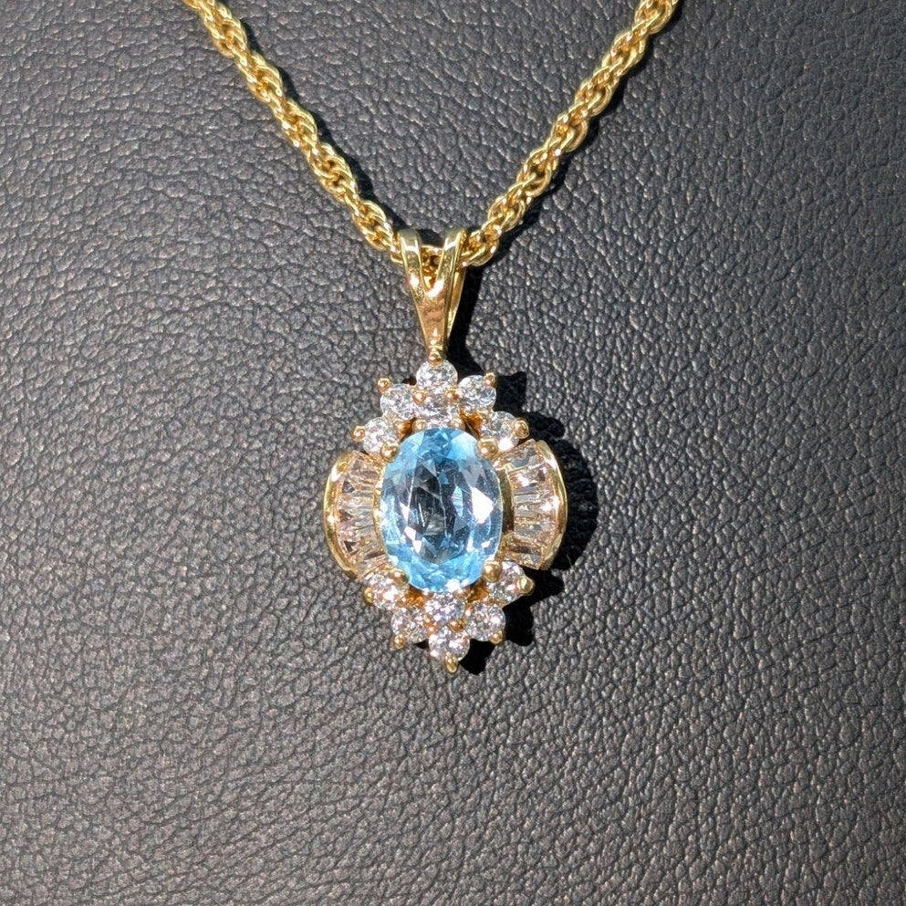 Gold Tone Light Blue Glass & Round & Baguette CZ Pendant 18" Chain Necklace