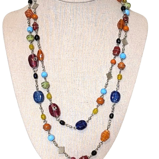 Vintage 70s Wire Wrapped Colorful Glass Bead 46" Necklace