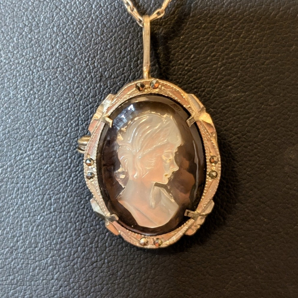Antique Carved MOP Marcasite Cameo 800 Silver Pendant Pin Chain Necklace