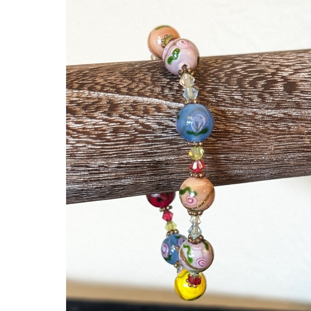 Floral Glass Bead Stretch Bracelet W/ Cross Charm Dangle