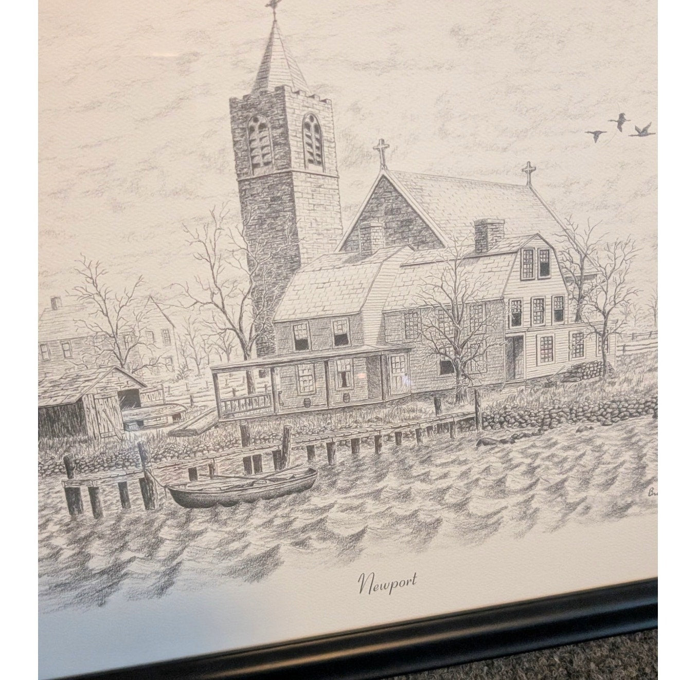 Original Artist Bruce Reynolds Signed Black Wood Frame Pencil Drawing 'Newport'