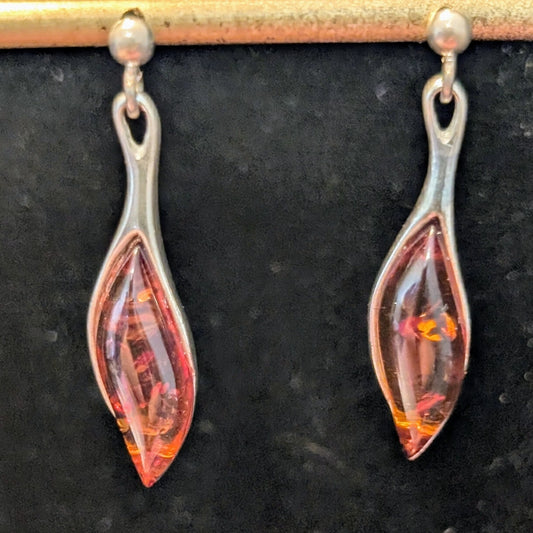 Vintage Marked 925 Sterling Silver Baltic Amber Post Dangle Earrings