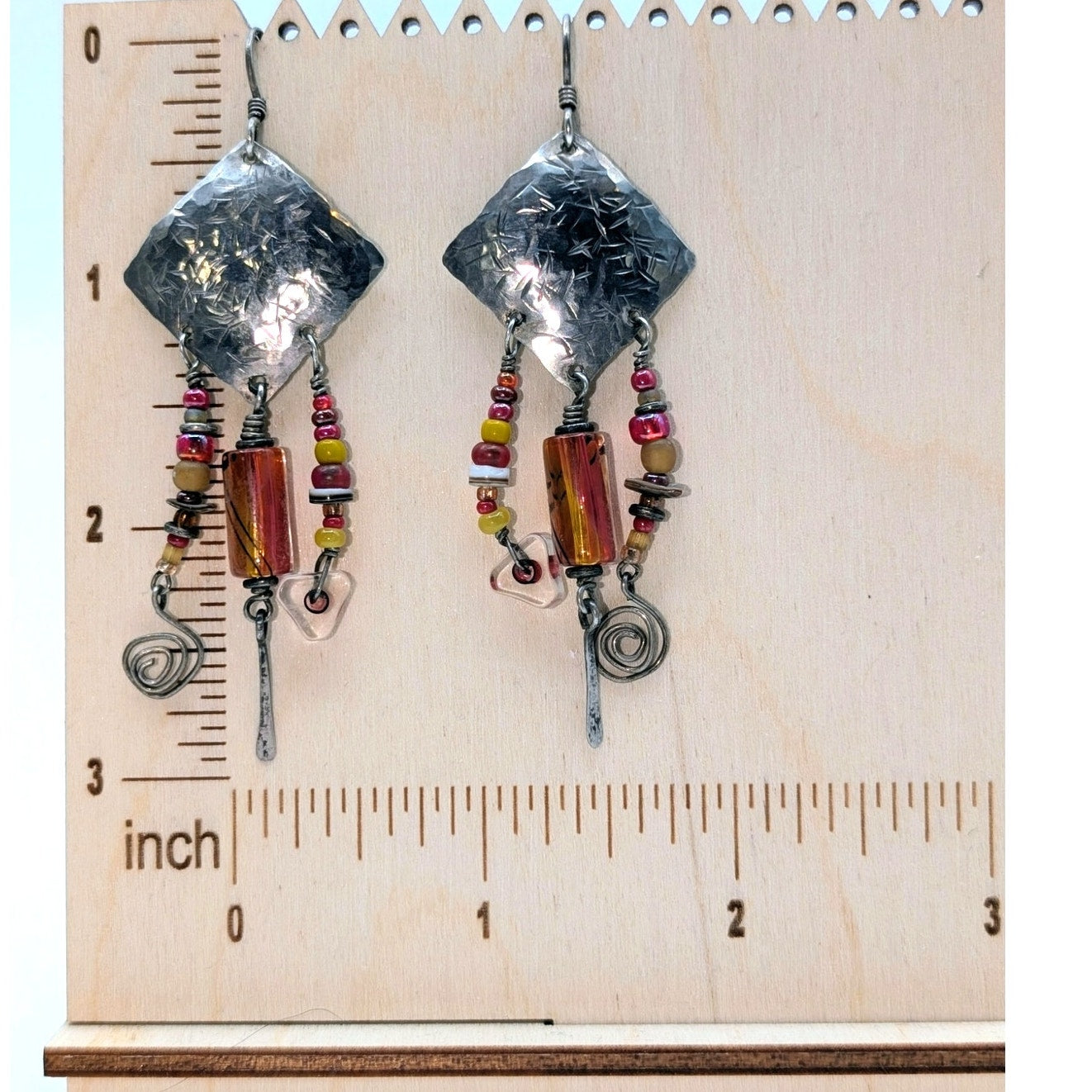 925 Sterling Silver Embossed Artisan Created Glass Bead Dangle Earrings