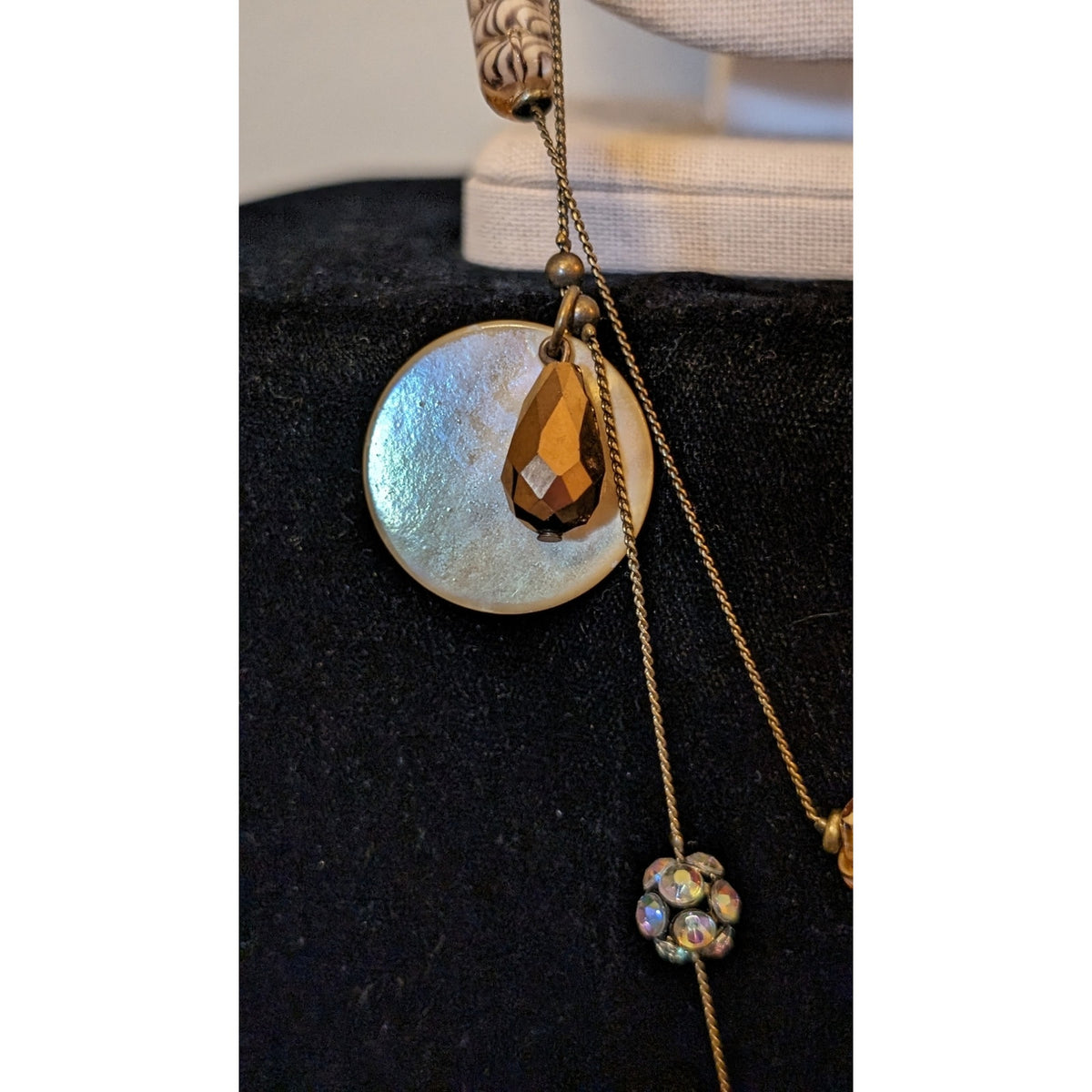 Antique Bronze Chain W/ Shell Glass CZ Ball Crystal Teardrop Beaded 36" Necklace