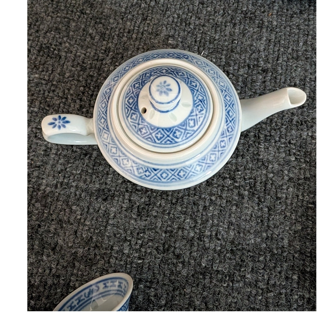 Chinese Rice Ware Vintage 7 Pc Porcelain Tea Set Platter Teapot & Four Cups