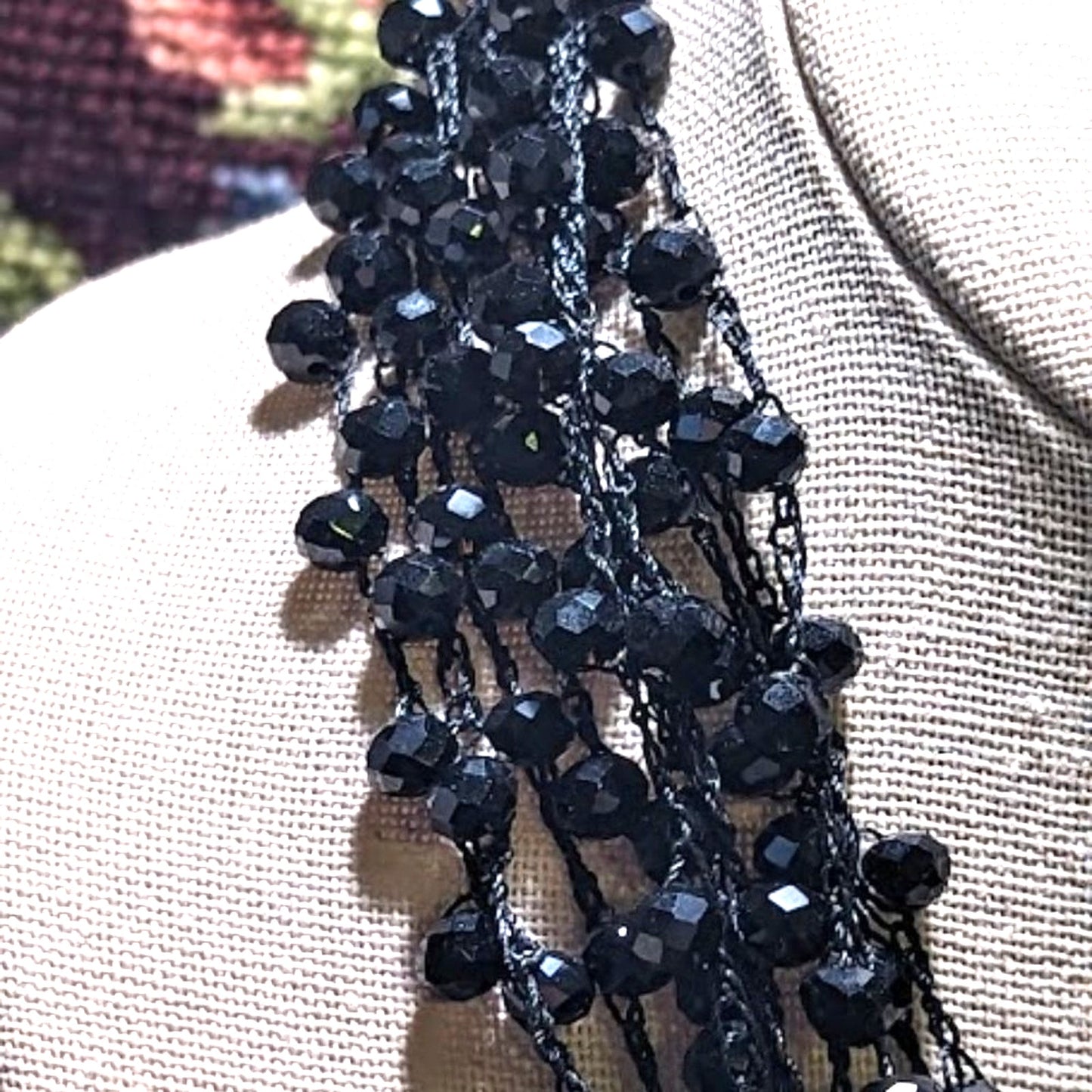 Black Crystal Crochet Beaded Necklace with Button Closure