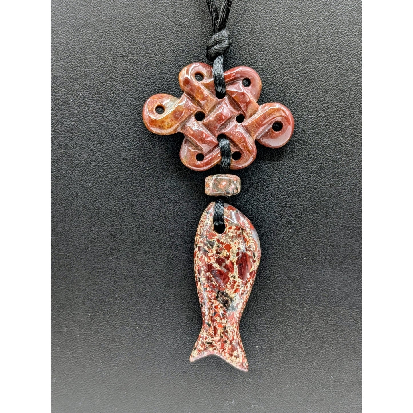 Carved Stone Eternity Knot Fish Pendant Corded Barrel Clasp 22" Necklace